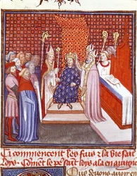 Szent Lajos (1214-1270) megkoronázása 1226-ban. Miniatúra Jean Froissart (1337-1400) „Franciaország nagy krónikái” című művéből, 14. század. Chantilly, Condé Múzeum