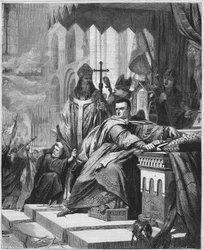 I. Hódító Vilmos (1027-től 1087-ig) megkoronázása 1066-ban. Normandia hercege (1035 - 1087) és Anglia királya (1066 - 1087). 19. századi metszet.