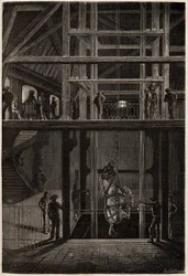 Egy ló leereszkedése a creusot-i bányákban, földalatti alagutakban szénszállító kocsik szállítására használták. L. Simonin 1865-ös metszete a Creusot-ba, valamint Saone és Loire bányáiba tett utazás szemléltetésére a „” Le tour du monde, nouveau journal de