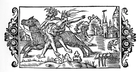 A boszorkányt hordozó ördög – Olaus Magnus "Az északi nemzetek története" című művében, Róma, 1555