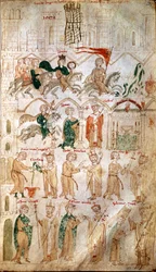 VI. Henrik német-római császár (1165-1197) bevonulása Rómába és császárrá koronázása 14/04/1191-én III. Celesztin pápa által. Oldal Pietro da Eboli (Eboli Péter) „Liber ad honorem Augusti” című művéből - (120. kódex, 105. fólió), 13. század, Burgerbibli