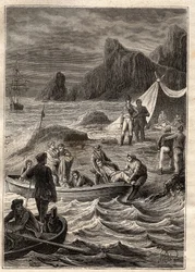 Nicolas Baudin (1754-1803) expedíciója a déli vidékekre (1800-1803): a skorbutban szenvedőket a Kaland-öbölben (Tasmania, Ausztrália) szállították a partra – az illusztráció a „18. századi nagy tengerészek” c. ”