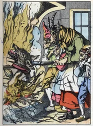 A kecske megöli a farkast a kéményben. A „Compere le Loup, Maitre Renard, Comere la Chevre et ses petits biquets” című mese illusztrációja Jean de la Fontaine meséje után. A „” Mesék otthonról a kicsiknek” c. Névtelen metszet a 19t