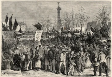 A sonkavásár, Boulevard Bourdon Párizs 4. kerületében, a Place de la Bastille közelében. Egy tábla a márna húsát (Hyperphagia) hirdeti. Metszet a „The Universe illustrious”-ba