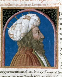 A perzsa király, Artaxerxes III Ochos (meghalt i.e. 338-ban) Miniatűr a Plutarkhosz (i.sz. 46-125) „” jeles férfiak párhuzamaiból”” (MS XV. 1) XV. század. Cesena, Biblioteca Malatestiana