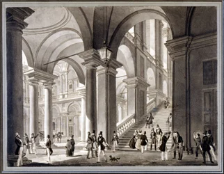 Brera nagy lépcsője. Giovanni Migliara Aquatintája, 1820 körül.