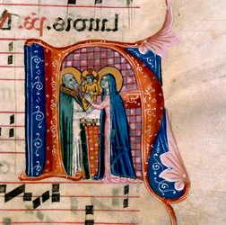 Az "N" betű a templomi bemutatót ábrázolja: az Antiphonary f.36v