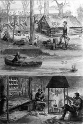 A trapperek (hivatásos vadászok) élete Kanadában: felül az egyik trapper a kabinja közelében áll, alul bőrt dolgoznak, és a répa bőréből vonják ki a bundát. századi metszet