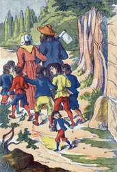 A kis tasak köveket vet az útjába. Illusztráció: Charles Perrault (1628-1703) francia író „Le Pepetit poucet” című meséje. Névtelen illusztráció. Képek Marcel Vagne, Jarville Nancy, dátum nélküli (19. század vége).