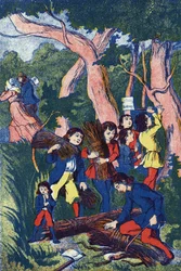 A favágók elhagyják gyermekeiket, Illusztráció a „Le Pepetit poucet”-hez, Charles Perrault (1628-1703) francia író meséje. Névtelen illusztráció. Képek Marcel Vagne, Jarville Nancy, dátum nélküli (19. század vége).