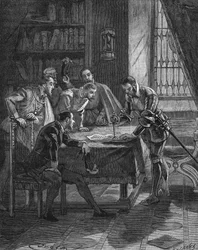 A vieilleville-i marechal tőrét beleülteti egy szabadalomba, amellyel II. Henrik francia király (1519-1559) jogot adott neki és a teremben tartózkodó öt lordnak a Guienne-i, Limousin-i, Quercy-i kölcsöncápák és lutheránusok elkobzására. és S