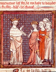 II. Lajos Béga (846-879) frank király és Friuli Adelaide házassága 875-ben Miniatűr a „Grandes Chronicles de France”-ból” 1375-1379 Városi Könyvtár, Castres