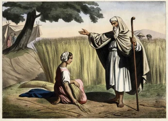 Ruth és Boáz (Booz), Dávid Izrael királyának (Kr. e. 1000-972) nagyszülei találkozása. Névtelen metszet a 19. század közepéről.
