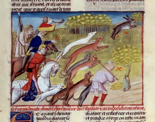 Gaston III Phoebus, Foix grófja, Bearn ura (1331-1391) a miniatűr nyúlvadászat a „A vadászat könyvéből”
