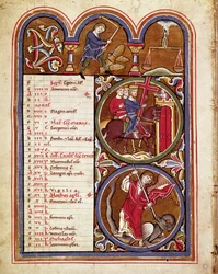 Szeptember hónap, mezőgazdasági munkák (aratások, búzacséplés virággal), a kereszt felmagasztalásának ünnepe, Szent György sárkány legyőzése Kéziratlap „” Szent Erzsébet zsoltárából””” XIII. Cividale, Mus
