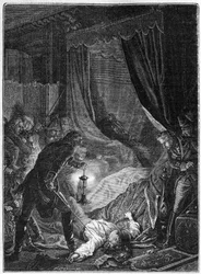 I. Pál orosz cár meggyilkolása, 1801 márciusa - Illusztráció 1882-1884 - I. Pál Petrovics (1754-1801) orosz cár meggyilkolása a Mihály-palotában lévő szobájában, miután kényszerítették, hogy aláírja lemondását - Illusztráció 1882-1884