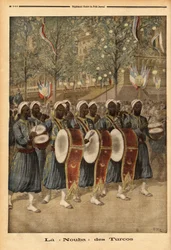 Az algériai turkók nubája, sétálva Párizs utcáin. Metszet a „” Le petit Journal”-ban, 1896.10.25. Selva gyűjteménye.