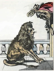 Az ogre a Boot Cat kérésére oroszlán lesz. Illusztráció Charles Perrault „The cat botte” című meséjéről