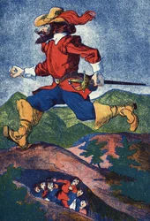 Az ogre gyerekeket keres. Illusztráció: Charles Perrault (1628-1703) francia író „Le Pepetit poucet” című meséje. Illusztráció névtelen. Képek Marcel Vagne, Jarville Nancy, dátum nélküli (19. század vége).