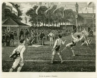 A tenyérjátékban van Franeker (Hollandia). Metszet a La Frise című történet illusztrálására, egy holland újság kapcsolatán alapul, in le tour du monde 1886, rendező: Edouard Charton (1807-1890), Hachette, Párizs.