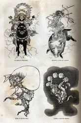 A japán isteniták panteonja: néhány tipikus alak hagyományos ábrázolása: a lovaglás patrónusa; Marisiten, a háború istene; Futen, a szelek istene; Raiden, a mennydörgés istene. Metszet az 1863-1864-es japán utazás szemléltetésére
