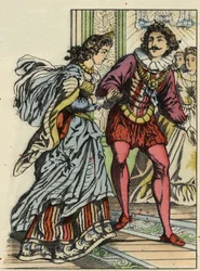A herceg meghívja Hamupipőkét táncolni. Illusztráció Charles Perrault „Hamupipőke vagy La petite slipper de verre” című meséjéről