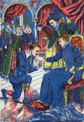 A herceg kipróbálja a szamárgyűrűt. Névtelen illusztrációja Charles Perrault (1628-1703) francia író „” Szamárbőr” című meséjéhez. Képek Marcel Vagne, Jarville Nancy, dátum nélküli (19. század vége).