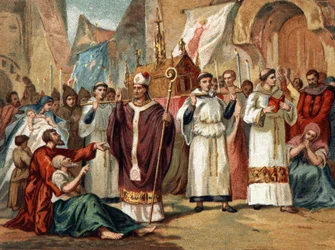 Sainte Genevieve (422-502), Párizs védőszentjének ereklyéit szállítják át Párizs utcáin. Kromolitográfia 1890 körül.