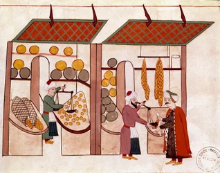 A négy évszak kereskedőjének boltja, a zöldségek és gyümölcsök satuin Miniatűr 19. századi Cicogna kéziratból (1828) egy 17. századi eredeti (1671) után. Velence, Biblioteca Marciana