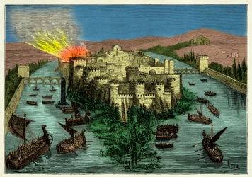 Párizs 845. évi ostroma Ragnar Lodbrok vezette vikingek által, metszet, 19. század