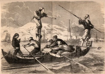 A kardhal szigonyhalászata (pesce spada, kardhal) Szicília partjainál, Olaszországban 1862-ben. „Le Monde illustrious” metszet 1862-ből. Magángyűjtemény.