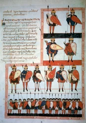 Az apokalipszis tíz királya lándzsák és pajzsok fegyverei csapataikkal. Miniatűr a „Beatus de Liebana, Kommentár az apokalipszishez” című filmben (Folio 193), Stephanus Garcia