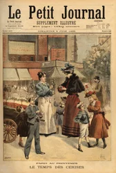 A cseresznye ideje, sétáló kereskedő Párizs utcáin. Metszet a „” Le petit journal”-ban 1895.09.06. Selva gyűjteménye.