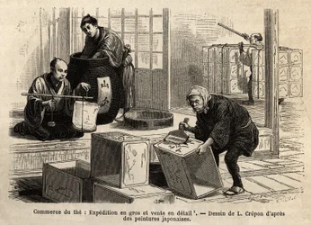 A tea kereskedelme: nagy- és kiskereskedelmi szállítmányozás. Aime Humbert, a Svájci Államszövetség minisztere 1863-1864-es metszete a japán utazás szemléltetésére, megjelent a „Le tour du monde”” 1869-ben, Edouard Charton szerkesztője, Hachette kiadás, Pa