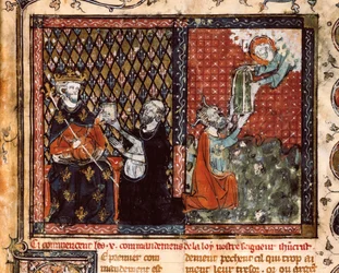 A fordító szerzetes a Bold (1270-1285) nevű III. Fülöp francia királynak ajándékozza könyvét. A keresztény tanításból vett miniatűr, Szent Ágoston (?)