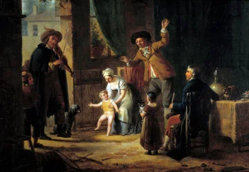 Az utazó zenész Egy hegedűművész zenél egy családi ház ajtajában. Névtelen festmény. 1819 Párizs, Dekoratív művészet