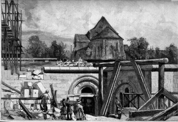 A montmartre-i Sacre Coeur templom földalatti építményei: a régi templom. Metszet a „” Le Monde Illustré”” 1300. számban, február 25