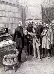 A munkásküldöttek látogatása a Palais Bourbonban (Jules Guesde, Ferroul úr, Baudin úr és Thivrier úr) az elnökség főtitkáránál: Martin úrnál a május 1-i tüntetés során