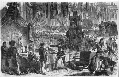 A fácán kívánsága. Fülöp III. Le Bon, Burgundia hercege (1396-1467) 1454. február 17-én csatlakozott a konstantinápolyi császárhoz egy bankettre a Salle de Lille szállodában. századi metszet.