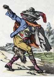 A farkas. A „Compere le Loup, Maitre Renard, Comere la Chevre et ses petits biquets” című mese illusztrációja Jean de la Fontaine meséje után. A „” Mesék otthonról a kicsiknek” c. századi névtelen metszet.