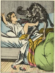 A farkas megveri a Piroska. Illusztráció Charles Perrault „A Piroska” című meséjéről