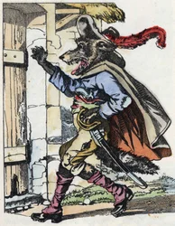 A farkas kopogtat a bikettház ajtaján. A „Compere le Loup, Maitre Renard, Comere la Chevre et ses petits biquets” című mese illusztrációja Jean de la Fontaine meséje után. A „” Mesék otthonról a kicsiknek” c. Névtelen metszet o
