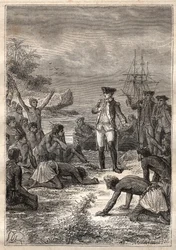James Cook kapitány (1728-1779) harmadik útja (1776-1779): Cookot szívesen fogadják a bennszülöttek (Hawaii) – az illusztráció a „18. századi nagy tengerészek” című könyvből vett.