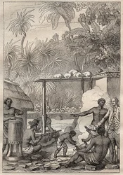 James Cook kapitány (1728-1779) harmadik útja (1776-1779): emberáldozat Tahitin – az illusztráció a „18. századi nagy tengerészek” című könyvből vett.
