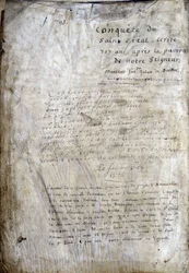 Egy kézirat címlapja: Szent Gréal meghódítása, 717 évvel urunk szenvedélye után. Bibliotheque Municipale de Rennes, ms. 255 (A Kerekasztal regénygyűjteménye); Párizs