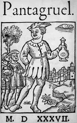 A Pantagruel 1537-es kiadásának címlapja, Francois Rabelais - Az óriás Pantagruel és két apostola, "Pantagruel tanítványa"