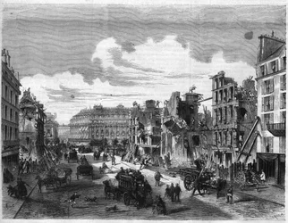 Párizs átalakításai a Második Birodalom alatt, Paris Haussmann (Boulevard, Haussmann munkái): a Rue de la Paix lebontása a Rue Reaumur megnyitásához. Metszet a "" The Illustrious Universe" -ba