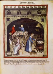 Gyógyszeres kezelés: „” az állatok beleinek és zsigereinek megfőzésével””. A „Tacuinum sanitatis” (Cod. ser. nov. 2644) oldal 1400 körül Bécs, Osterreichische Nationalbibliothek