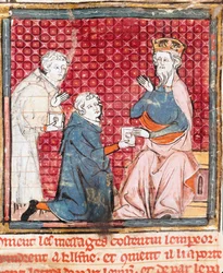 Két hírnök Nagy Károlyban (742-814) bejelenti a győzelmet a miniatűr szaracénok felett a „Grandes Chronicles de France”” 1375-1379 városi könyvtárból, Castres