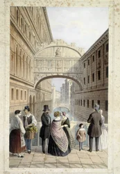 Velenceiek a Sóhajok hídján (Ponte dei sospiri) - a „Velence főbb nézeteinek albumában”, ill. szerző: Marco Moro, szerk. Gio Brizeghel, 1840 körül